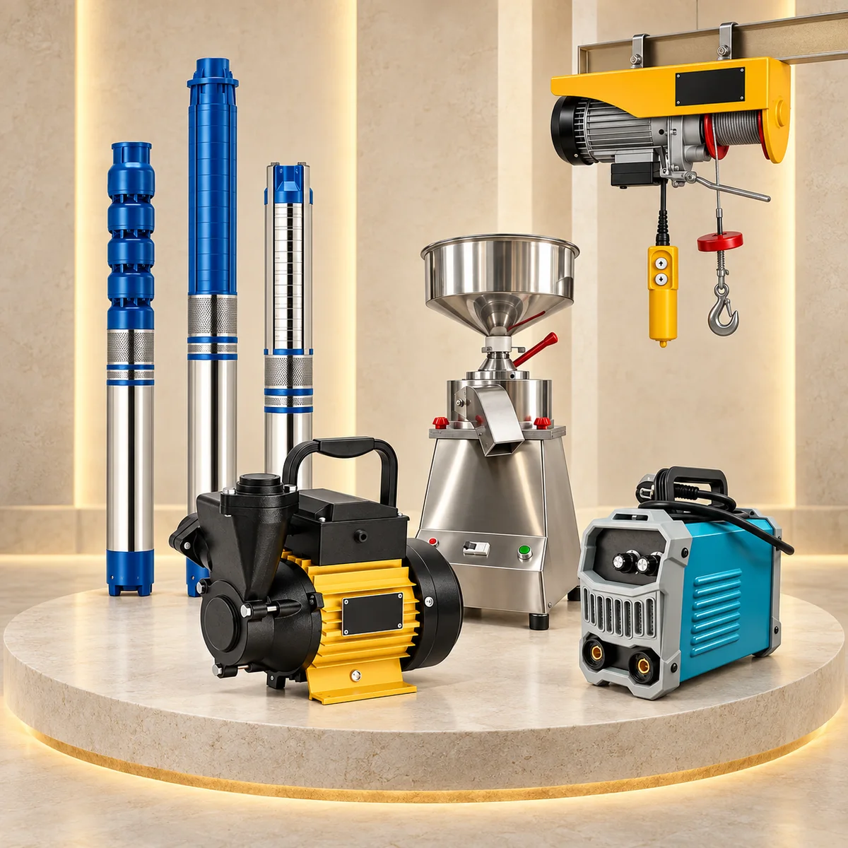 TELMOS submersible pumps, black and yellow water pump, stainless flour mill, elevated yellow hoist and blue welding machine on a warmly lit stone display
