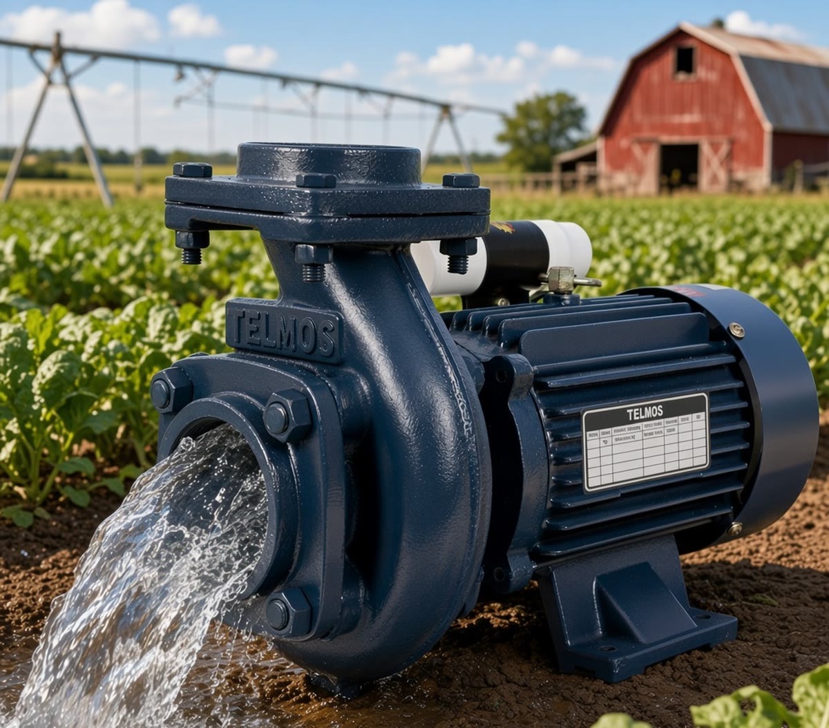 TELMOS agricultural pump moving water on a working farm